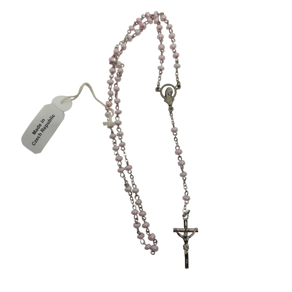 Czech Republic Rosary Pink Glass Bead Silver Tone Religious Prayer Baptism